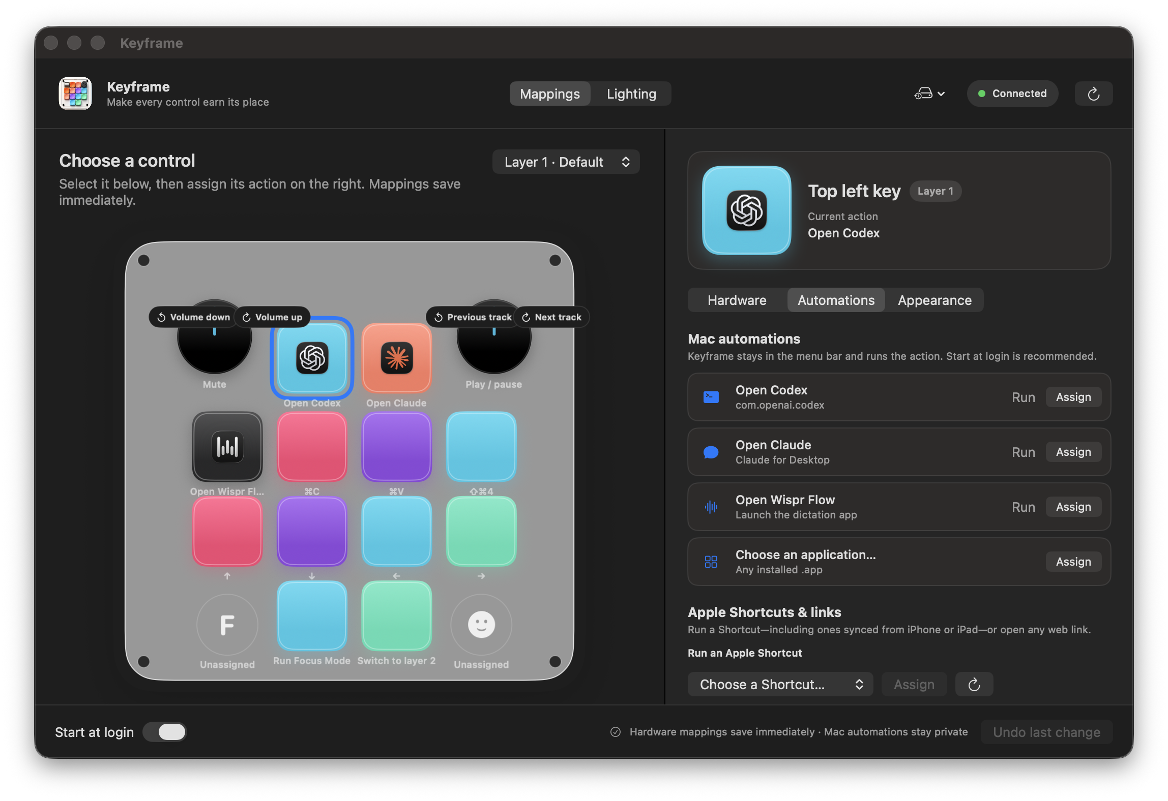 Keyframe showing the Creator Micro with the Codex key selected and Mac automation options beside it